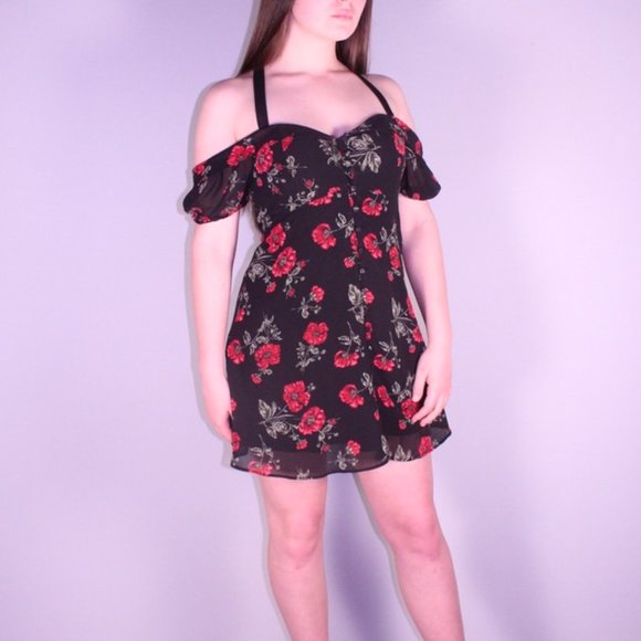 Black Sun Dress with Red Floral Design - Picture 1 of 5